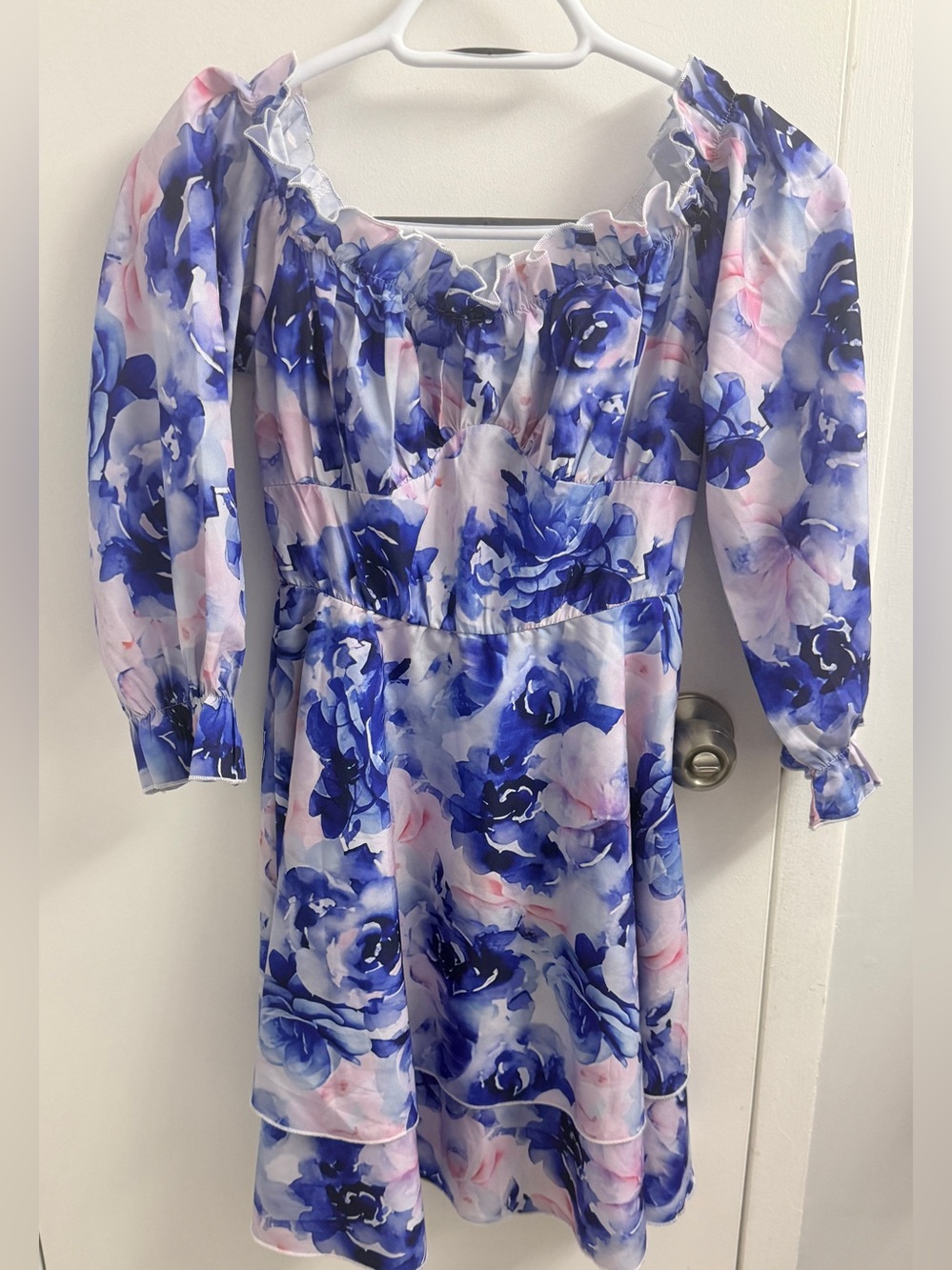 Blue Floral Off-the-Shoulder Tiered Mini Dress (Size S)